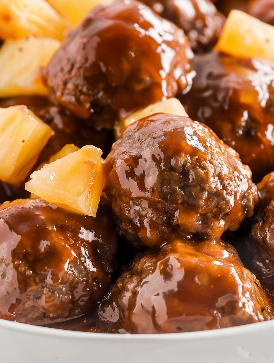 Close up of meatball glazed in sweet and sour sauce with pineapple