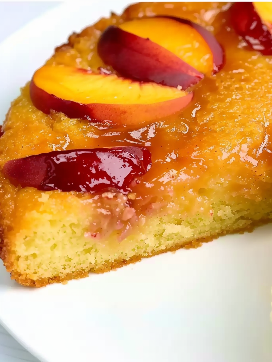 Peach Upside Down Cake in pan, sliced and ready to serve