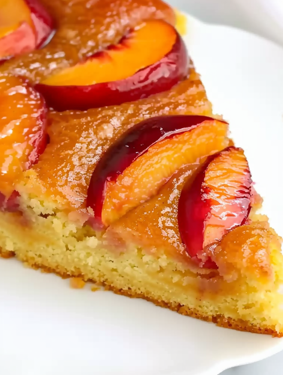 Slice of Peach Upside Down Cake plated with scoop of ice cream