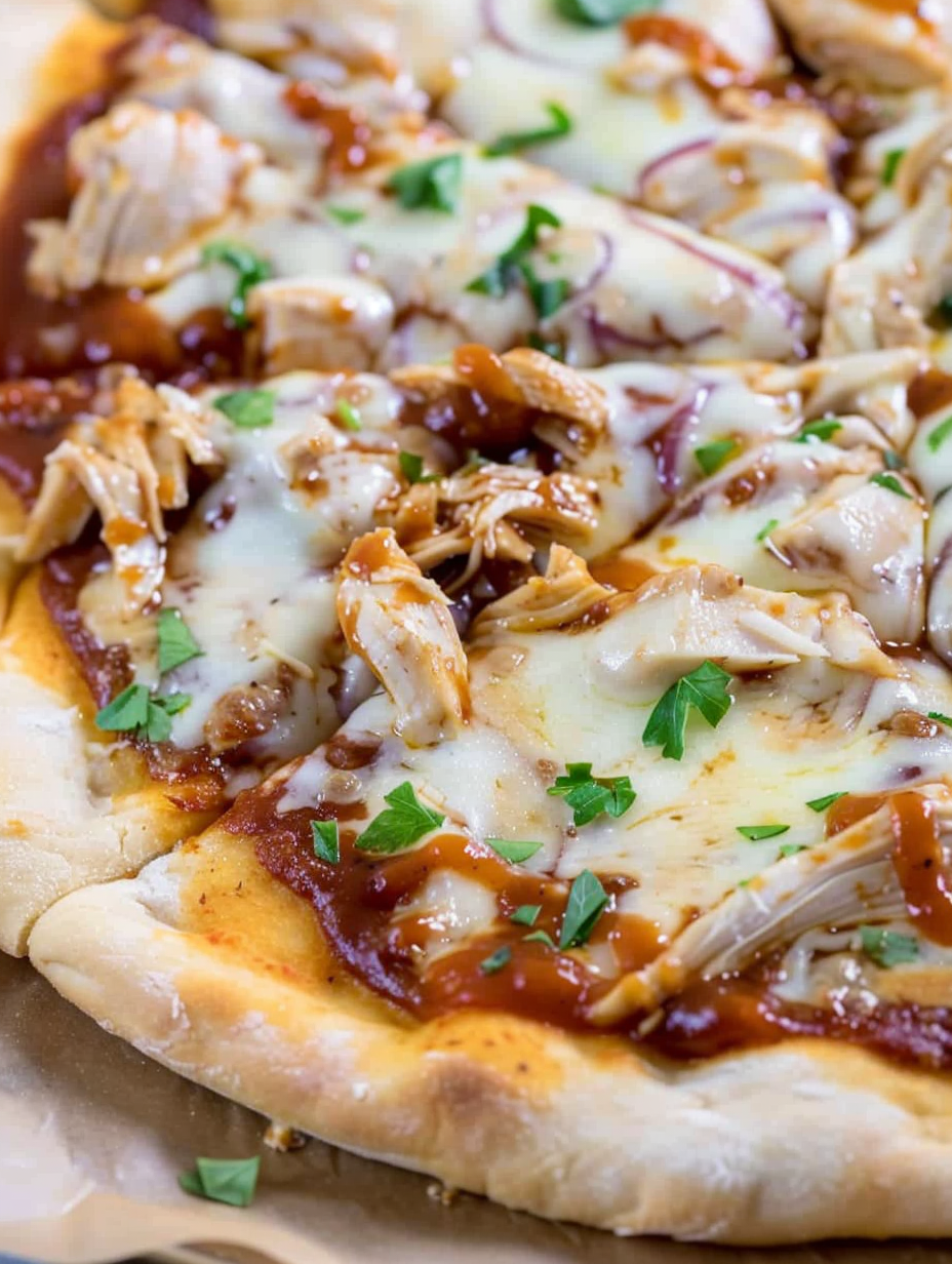 Close up of BBQ chicken pizza with melted cheese and green onions