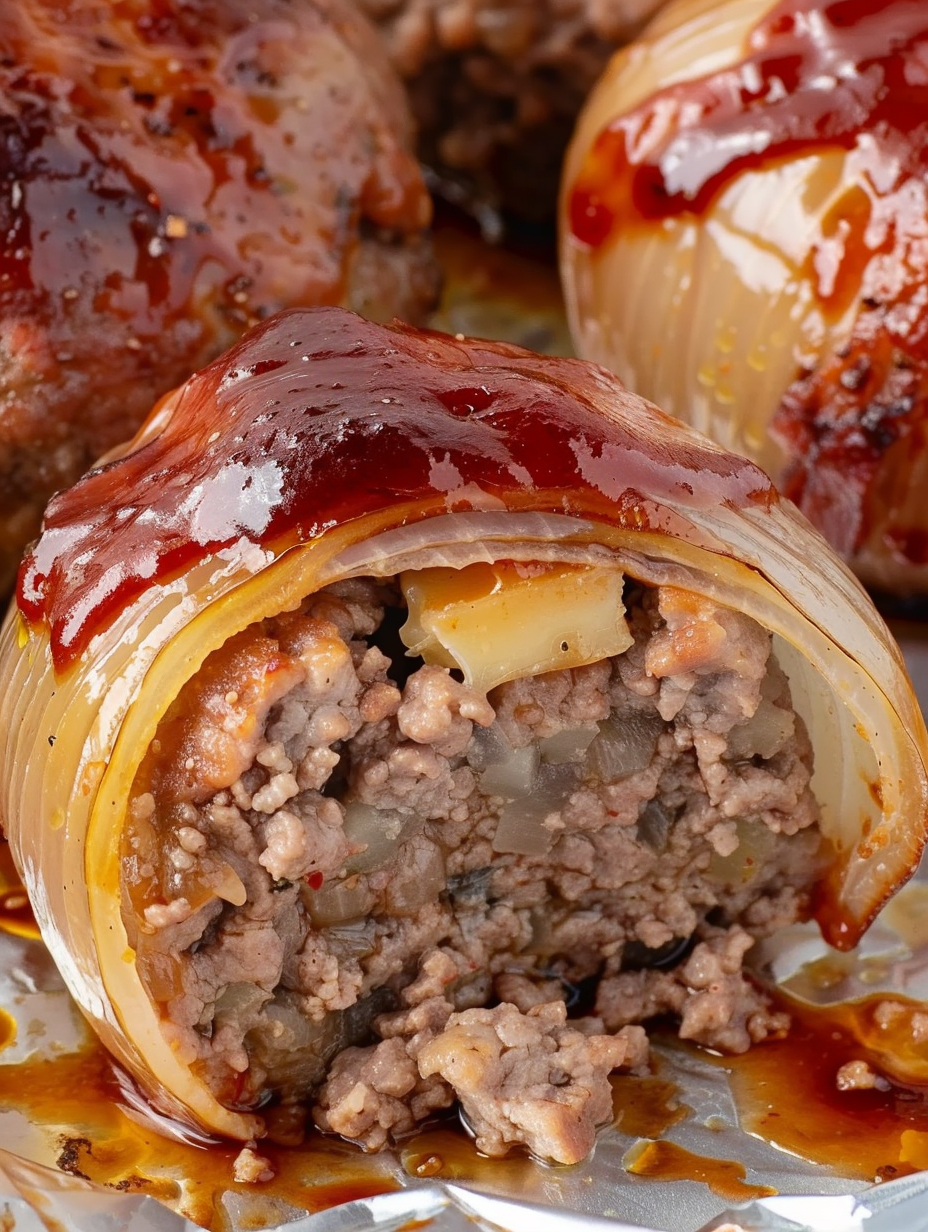 Onion bombs on baking sheet with barbecue glaze