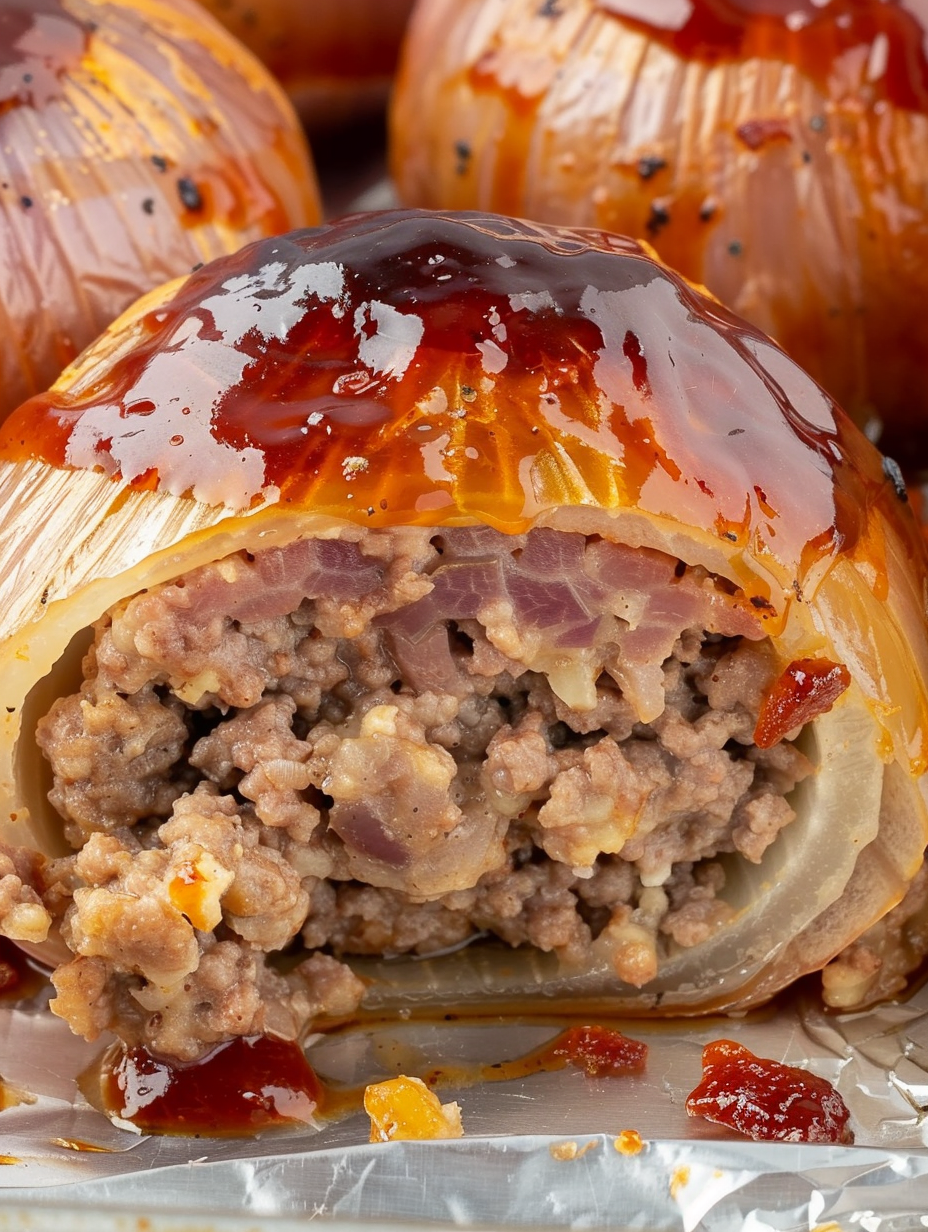 Close-up of a bacon-wrapped onion bomb sliced to show melted cheddar