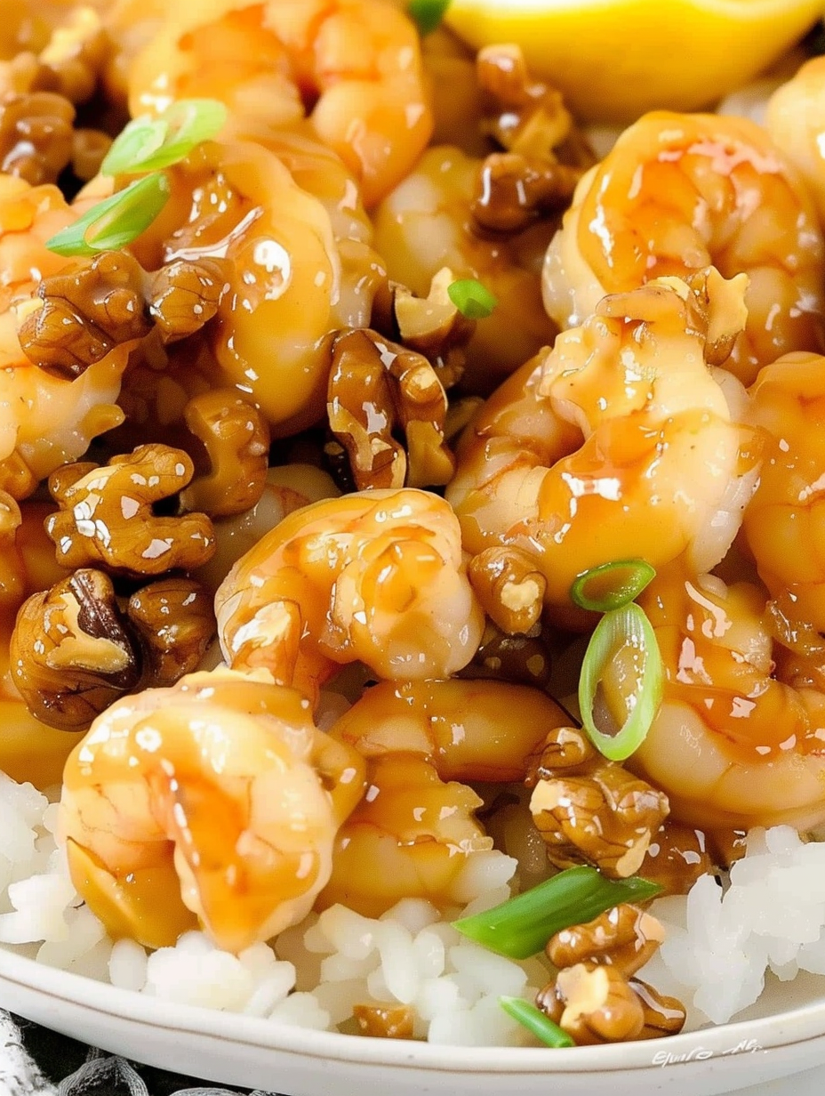 Honey Walnut Shrimp plated over rice with scallions