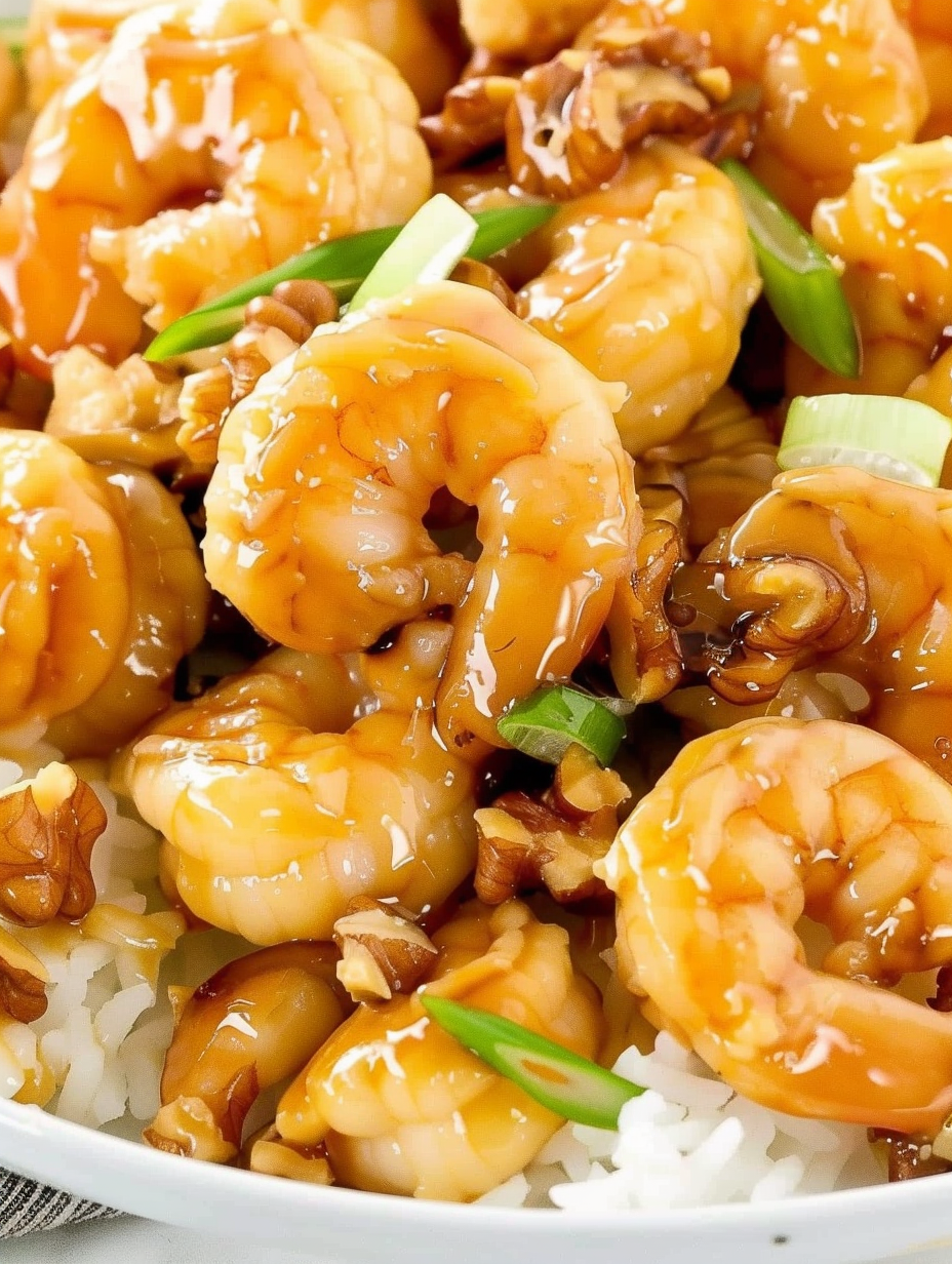 Close-up of candied walnuts and shrimp glaze