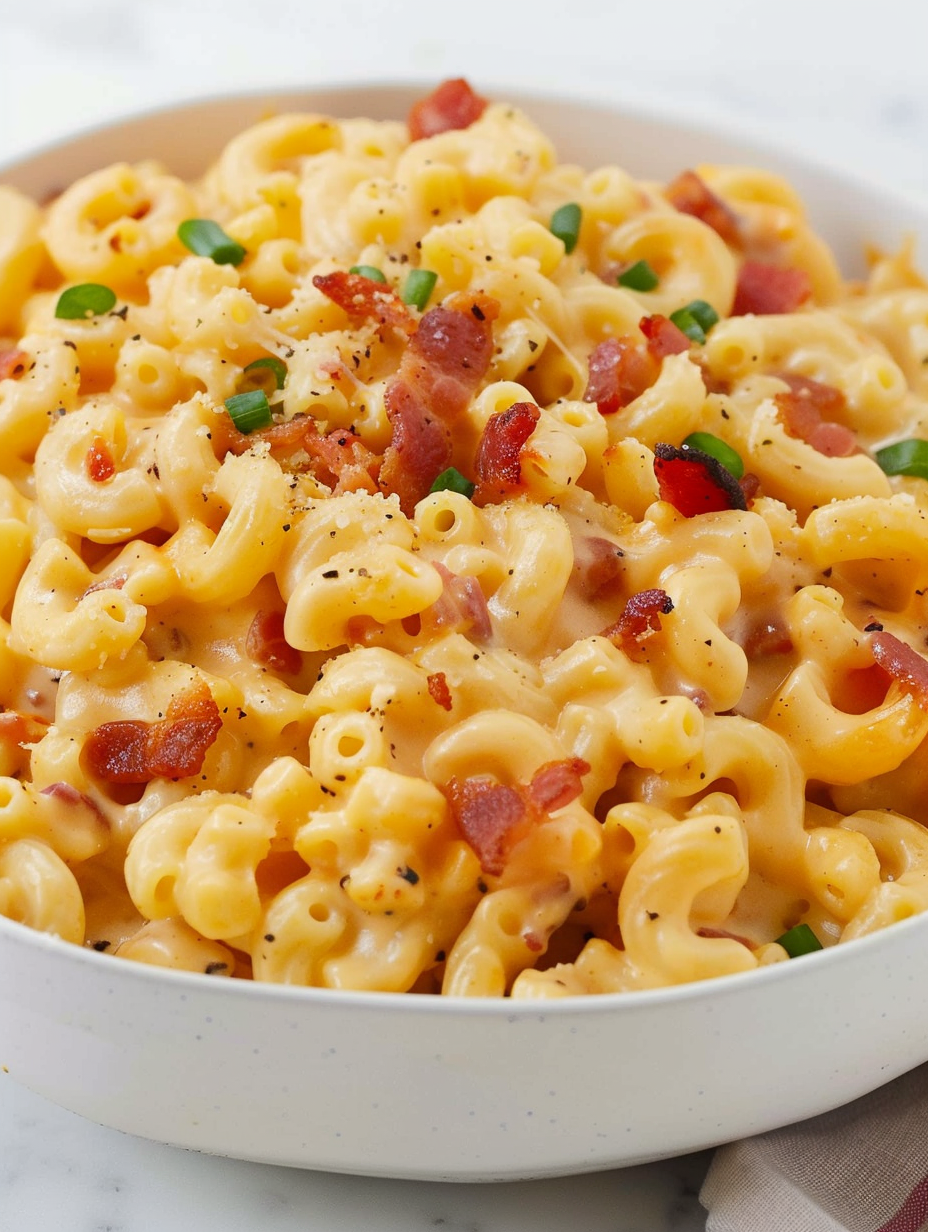 Creamy bacon mac and cheese in a skillet