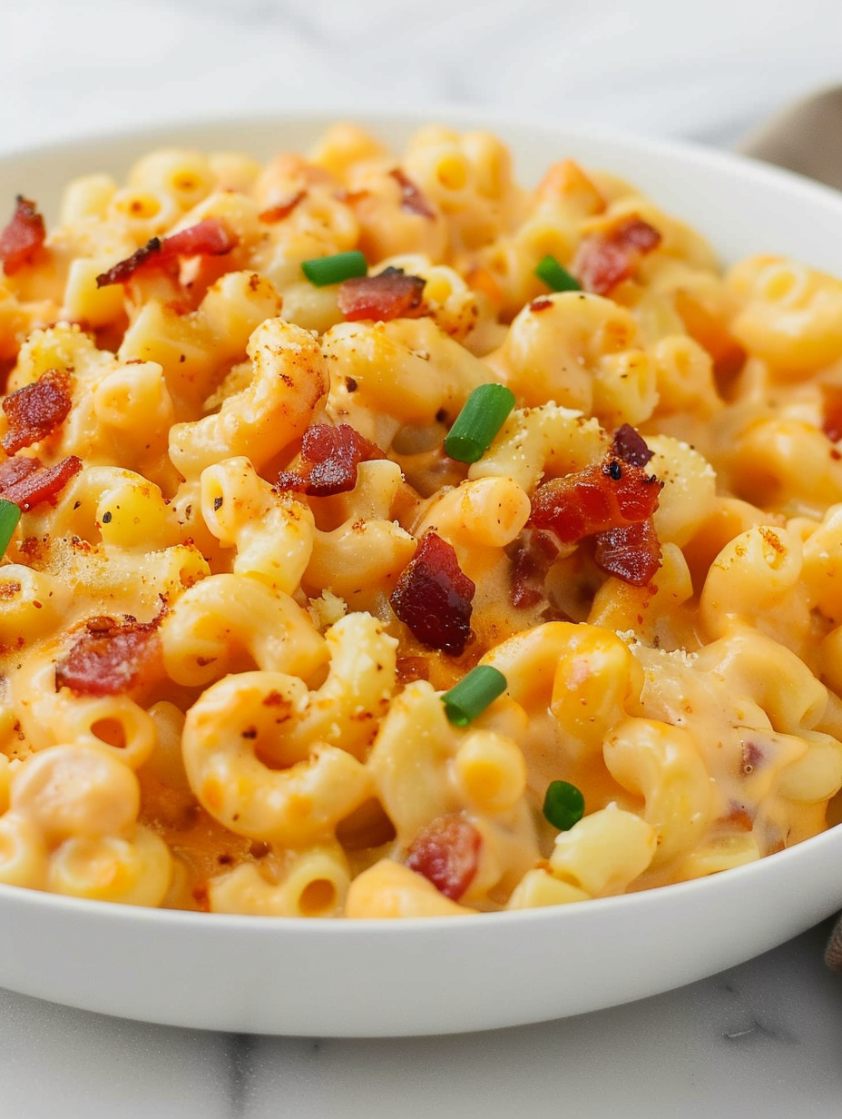 Close up of macaroni and cheese topped with bacon