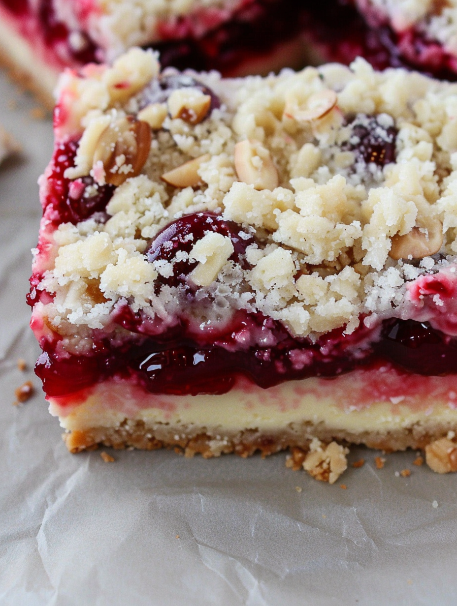 Close-up of a sliced Christmas cheesecake bar showing layers