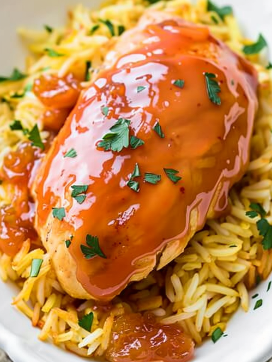 Baked Catalina Chicken in a dish, glossy glaze