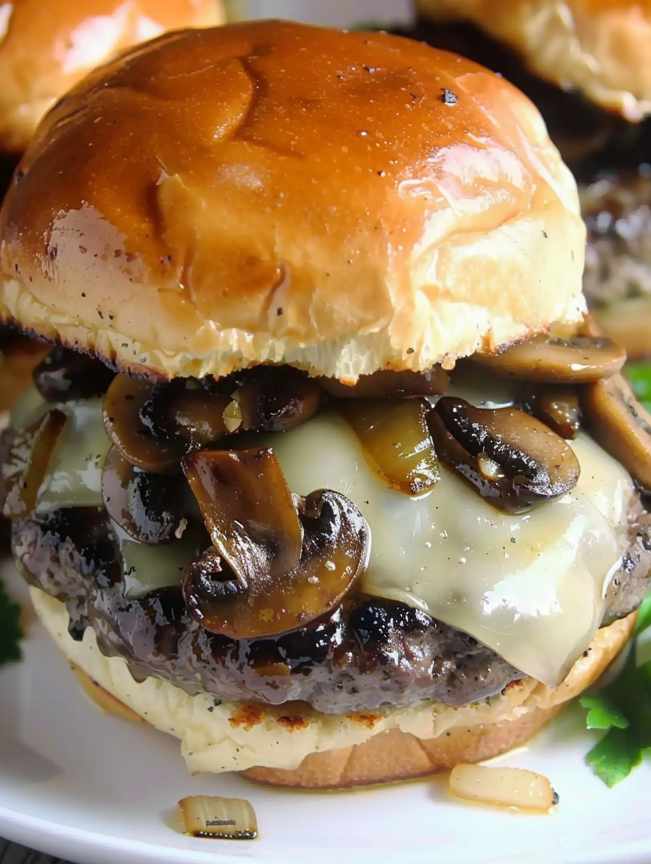 Mushroom Swiss Burger with melted Swiss and sautéed mushrooms