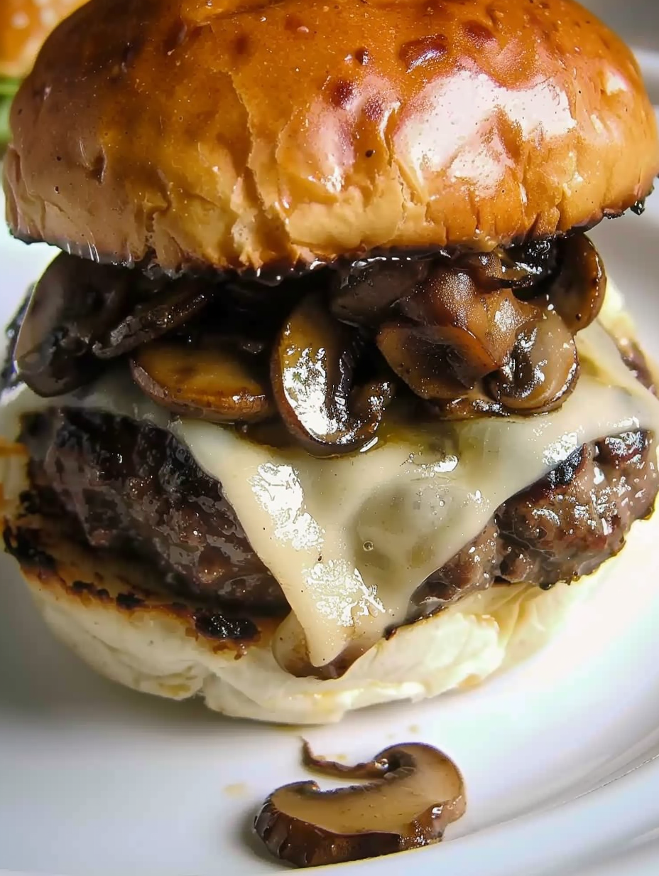 Grilled burgers topped with Swiss cheese and mushrooms