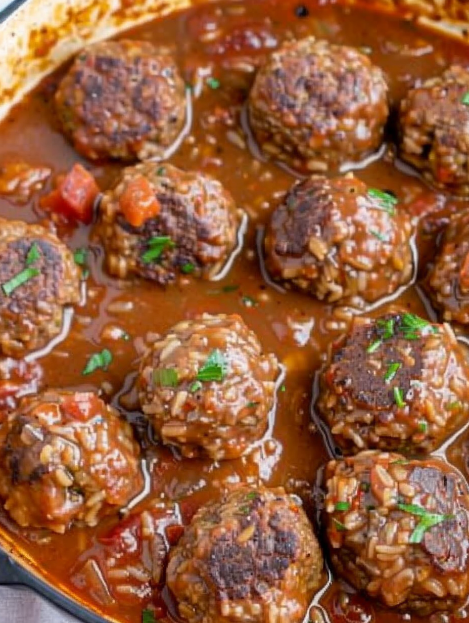 Close-up of a porcupine meatball showing rice inside