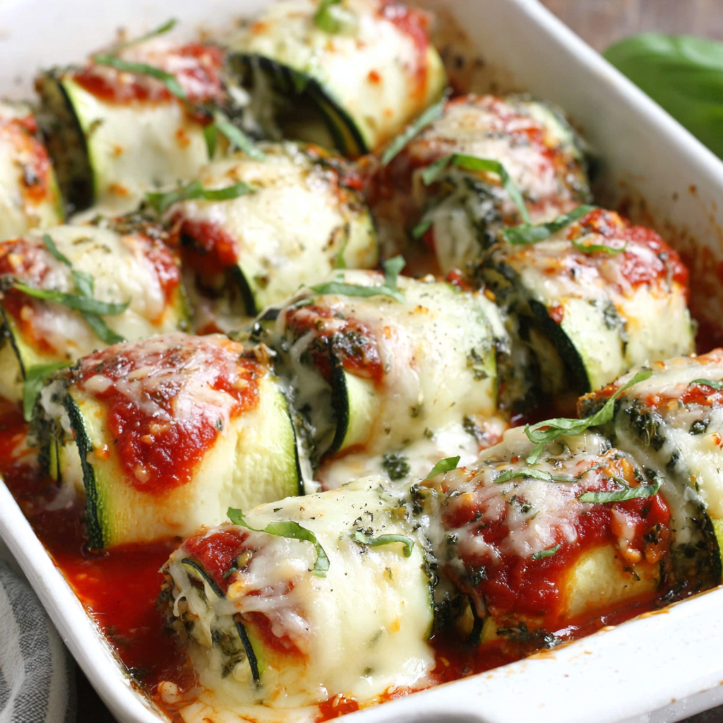 Golden, cheesy zucchini rollatini served on plates with basil