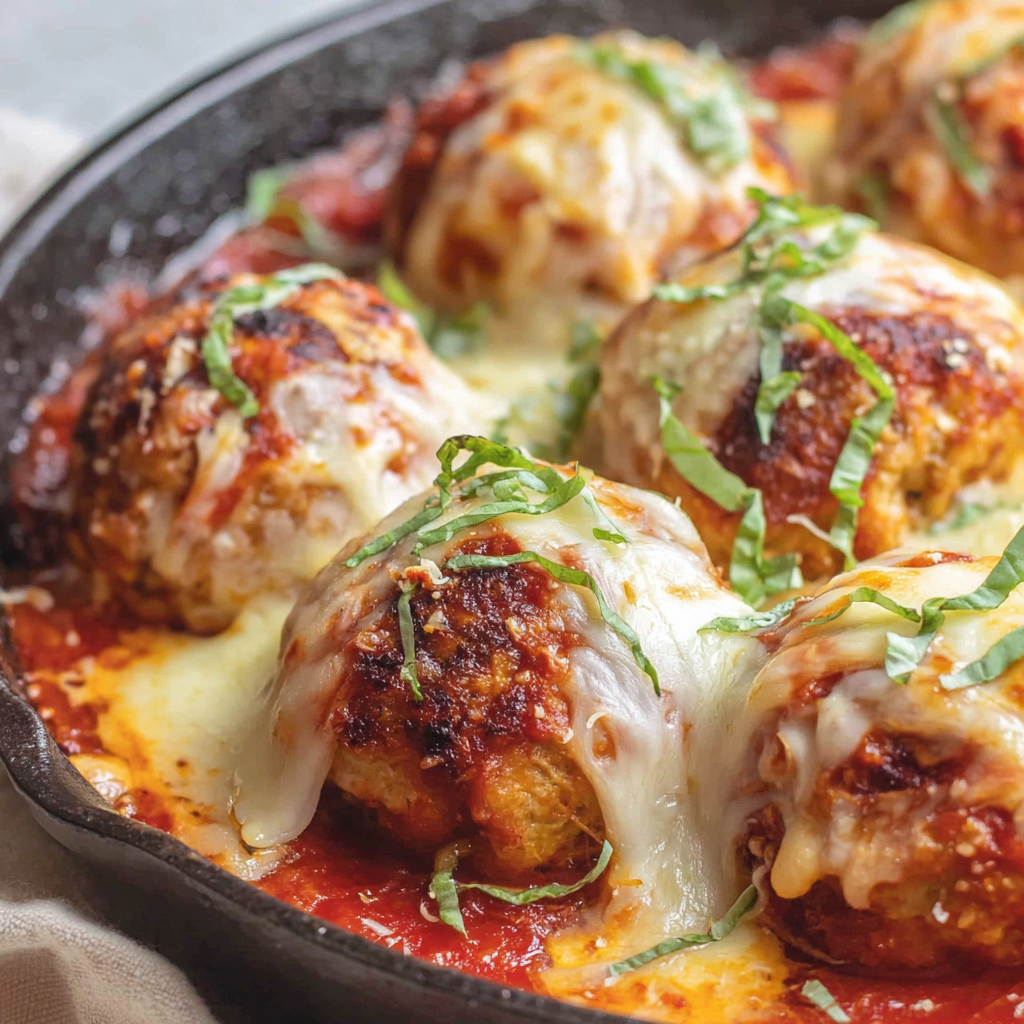 Plated chicken parmesan meatballs over spaghetti with basil garnish