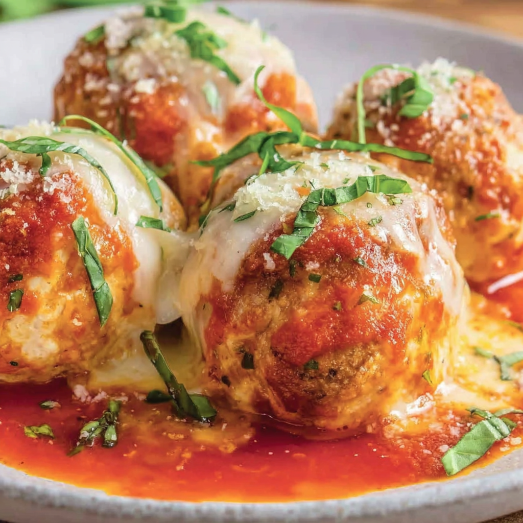 Close-up of melty mozzarella on chicken parmesan meatballs in skillet