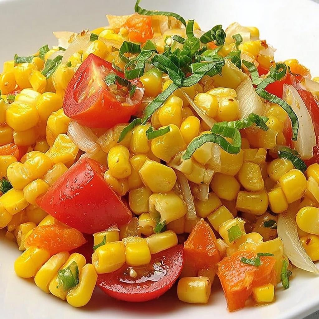 Close-up of corn, tomatoes, and basil being tossed together
