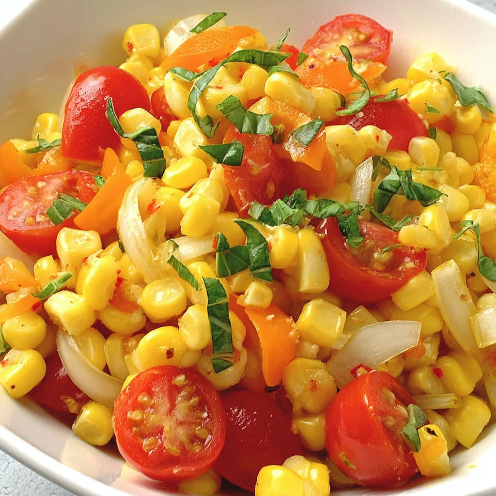 Serving bowl of corn tomato salad on an outdoor table at a BBQ