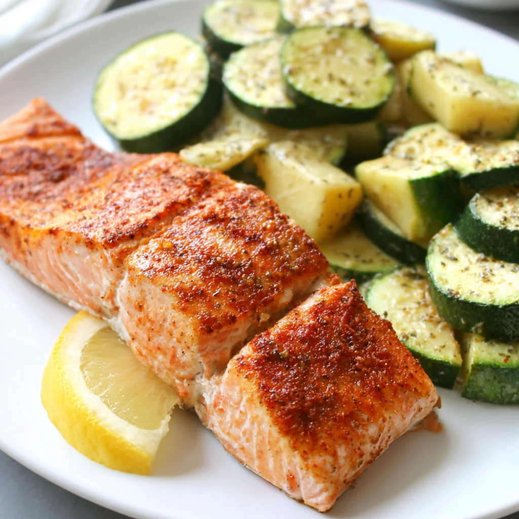 Flaky air fryer salmon fillets on a plate with lemon wedges