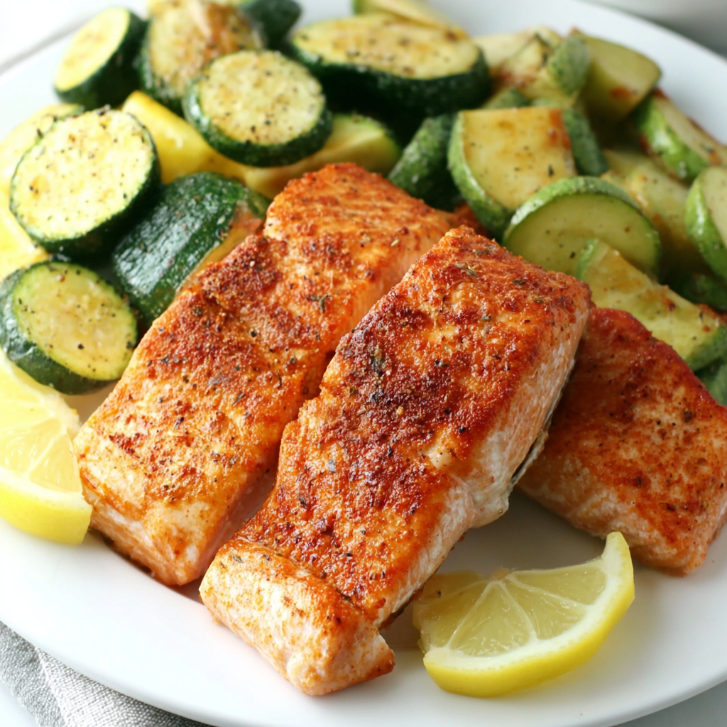 Air fryer basket with seasoned salmon fillets ready to cook