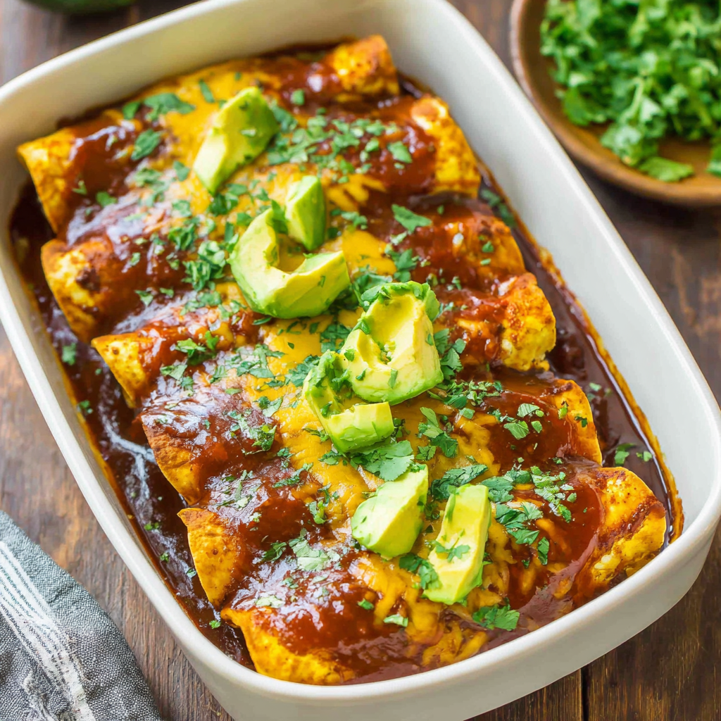 Rolled vegan enchiladas in a baking dish with red sauce