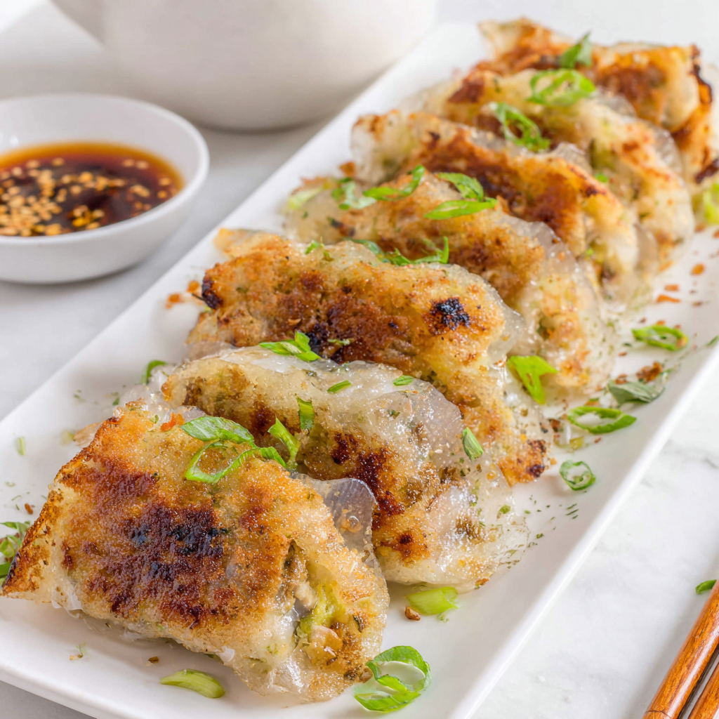 Wrapped rice paper dumplings being pan-fried until golden