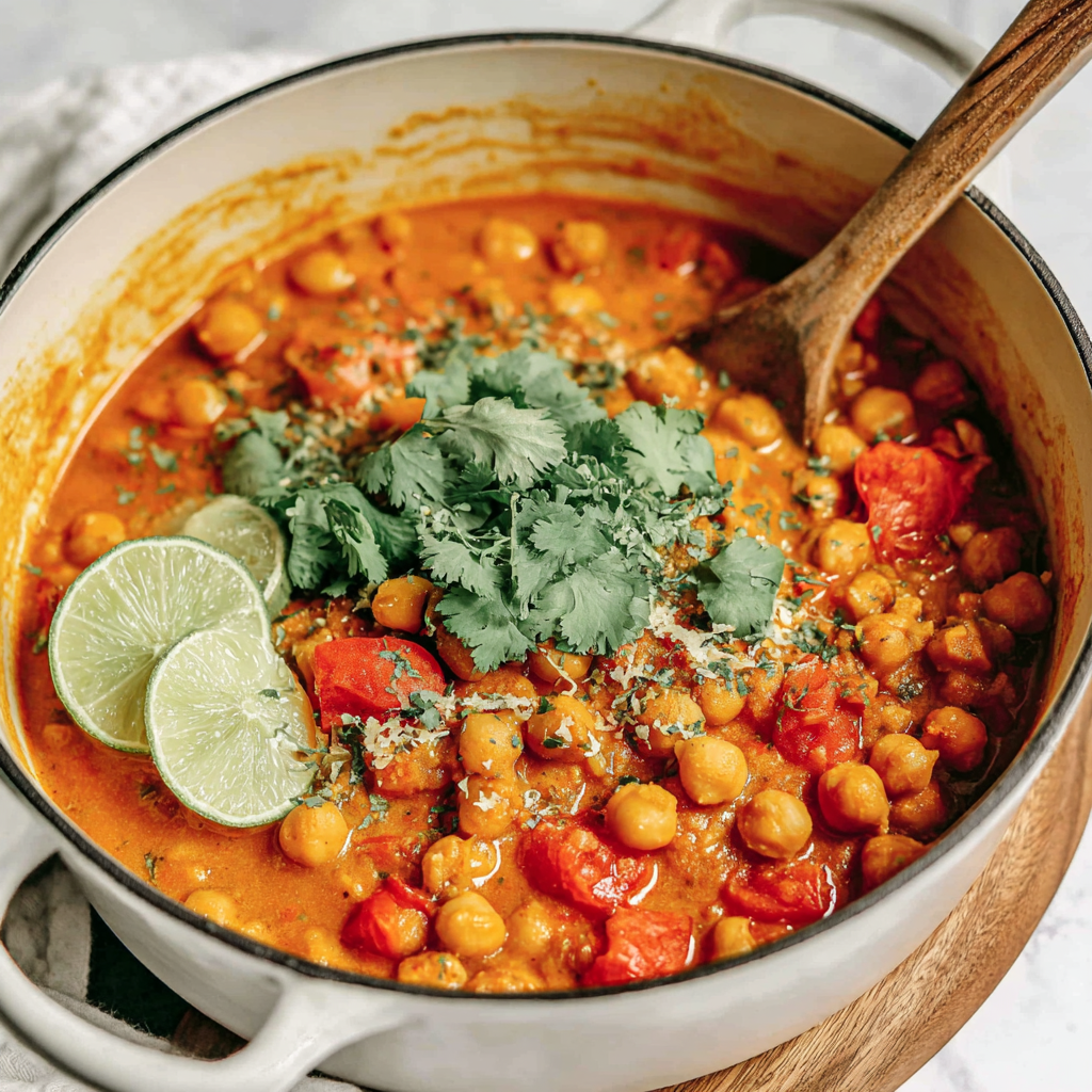Creamy coconut chickpea curry simmering in a pot