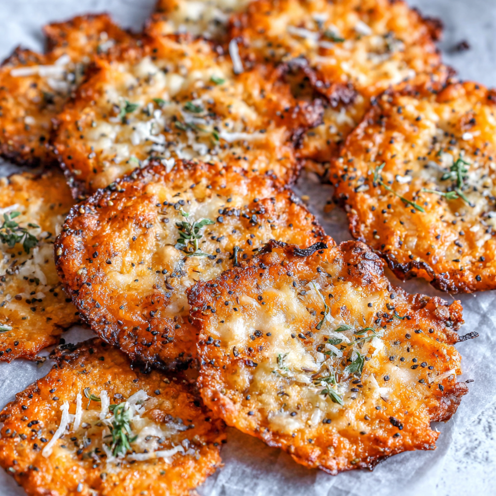 Close-up of crispy cheese chips with everything bagel seasoning