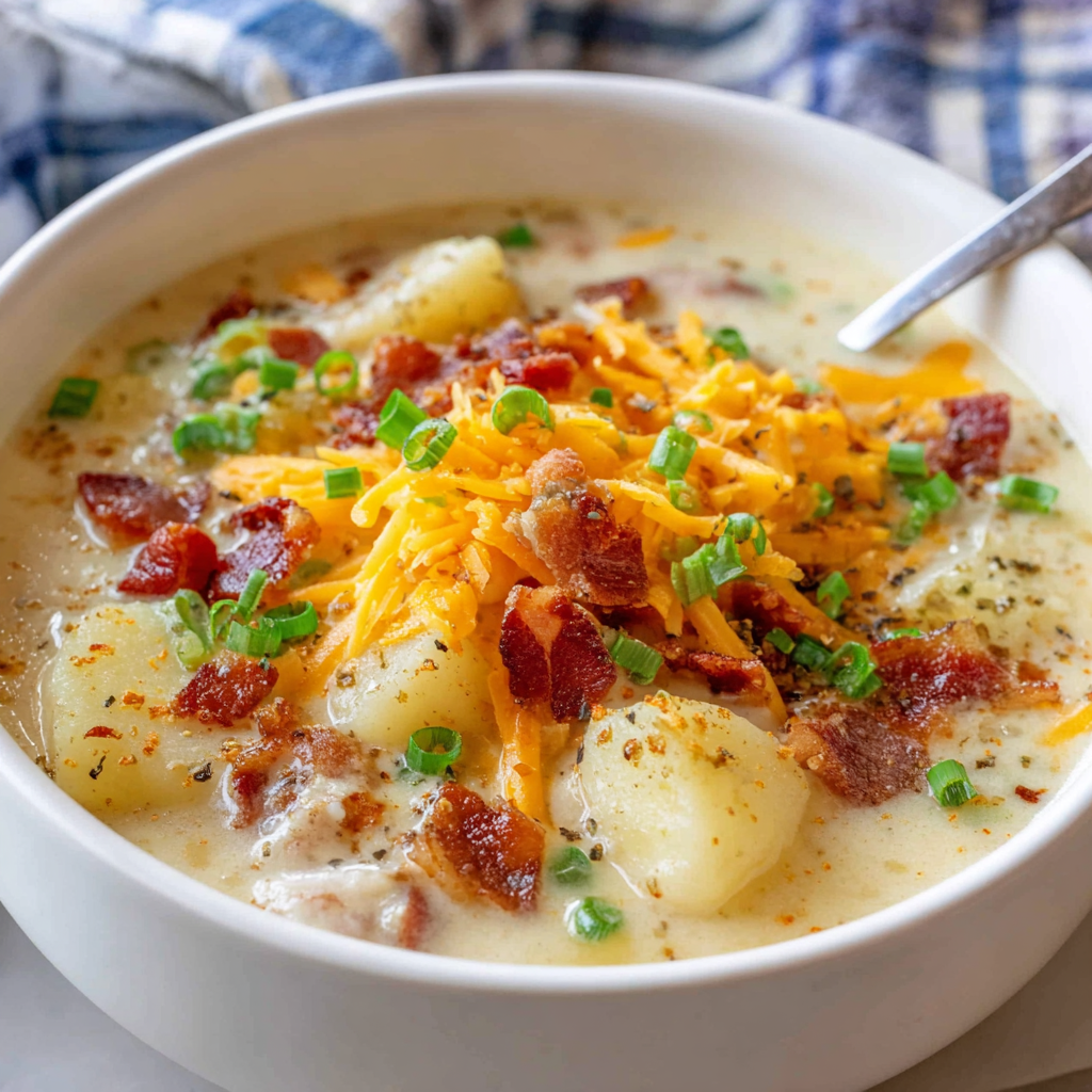 Close-up of creamy loaded potato soup with cheddar and bacon