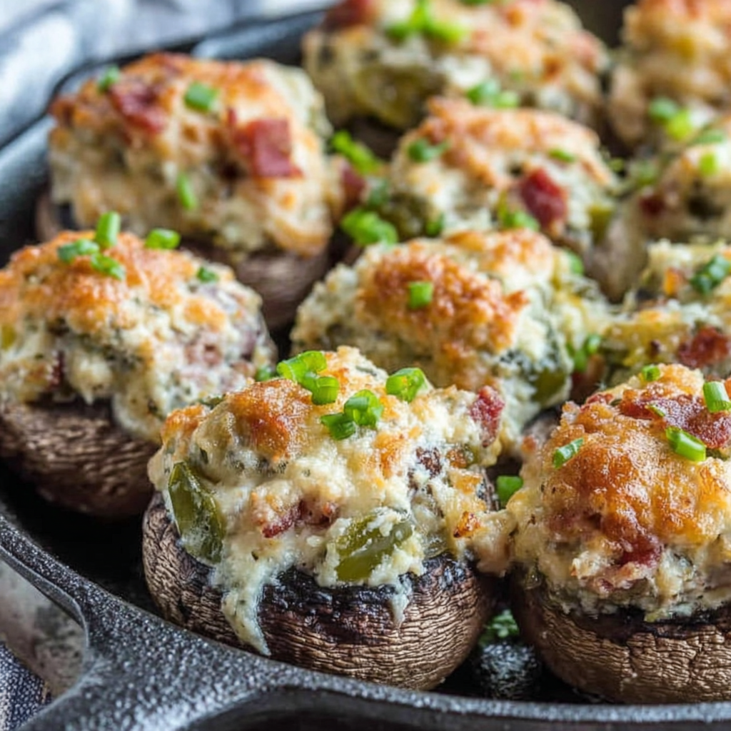 Skillet of baked jalapeno popper mushrooms ready to serve