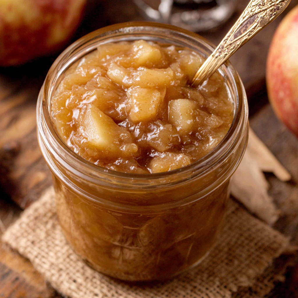 A jar of finished apple filling beside a pie