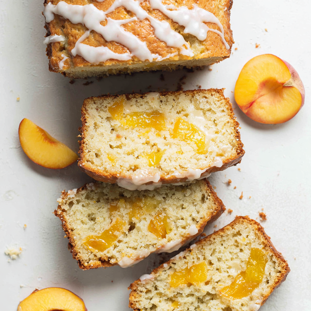 Sliced peach bread on a wire rack