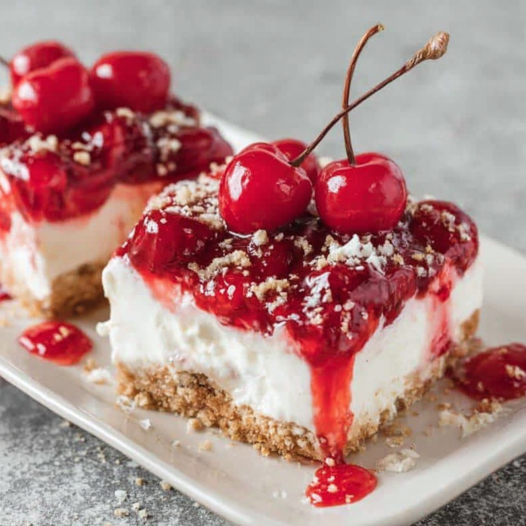 Slice of Cherry Delight on a plate