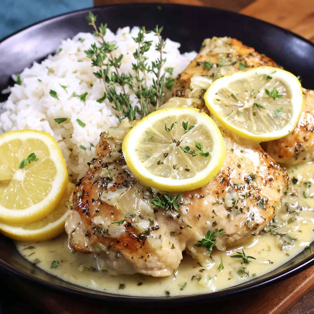 Serving suggestion: lemon butter chicken over rice
