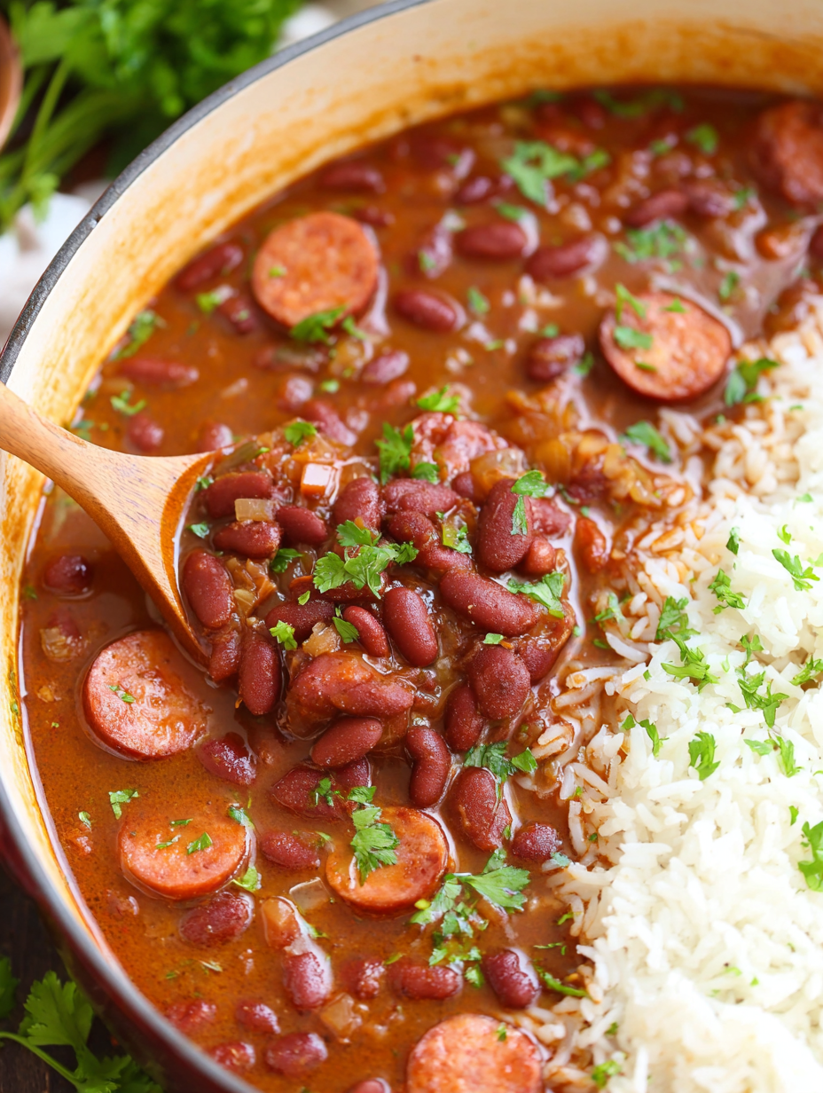 Red beans and rice in a bowl with parsley garnish