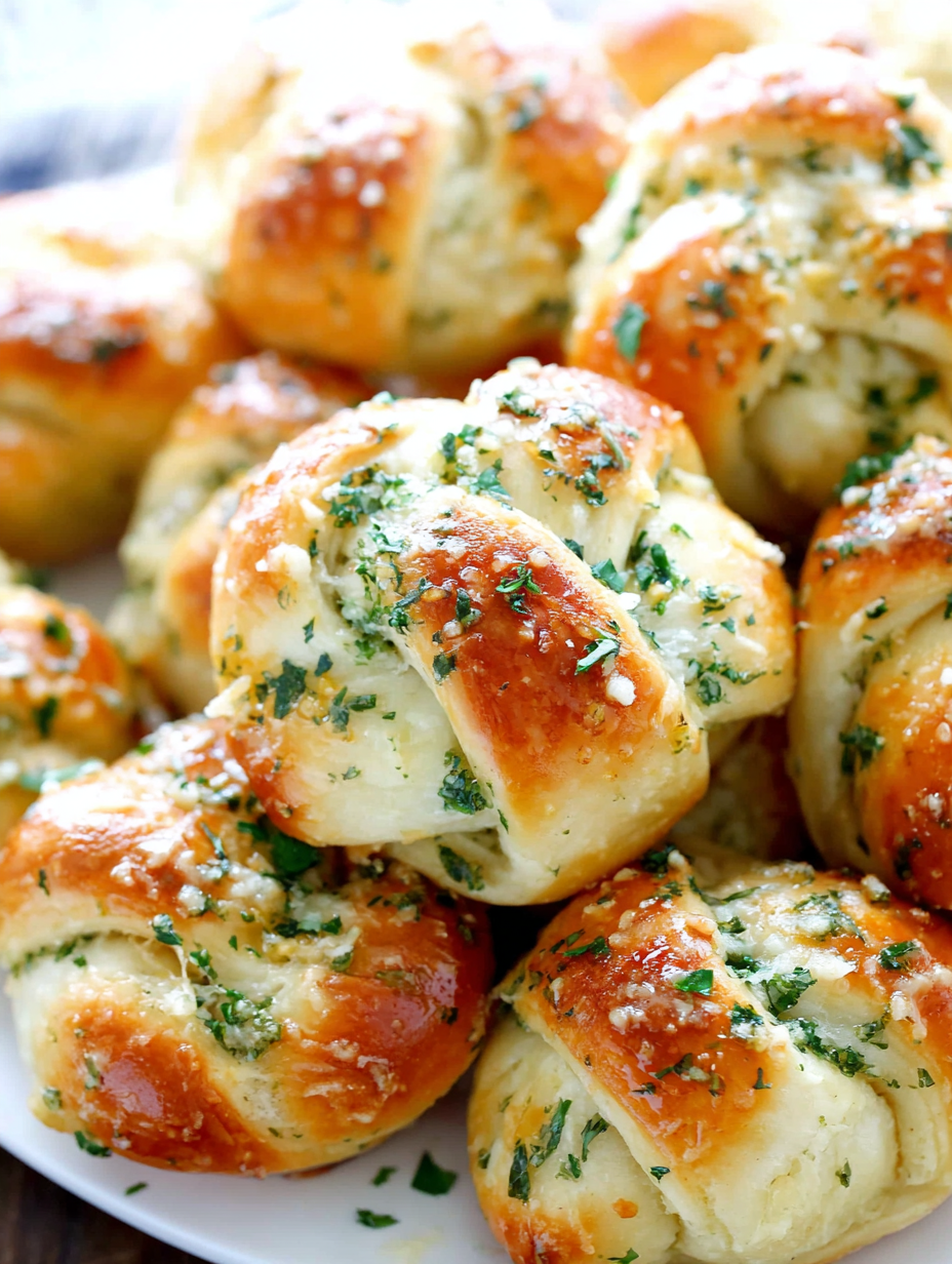 Freshly baked garlic parmesan knots on a baking sheet