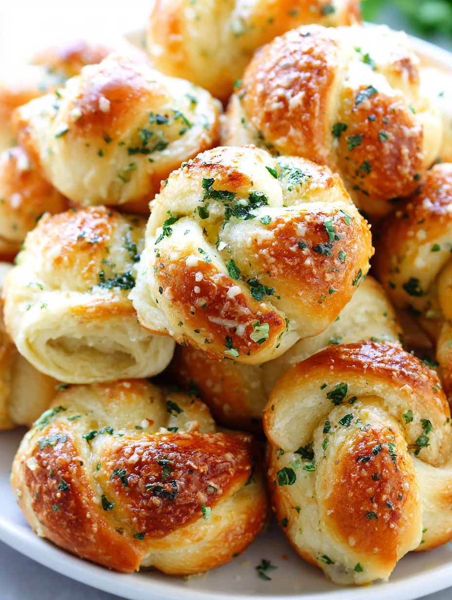 Close-up of garlic parmesan knots with melted butter