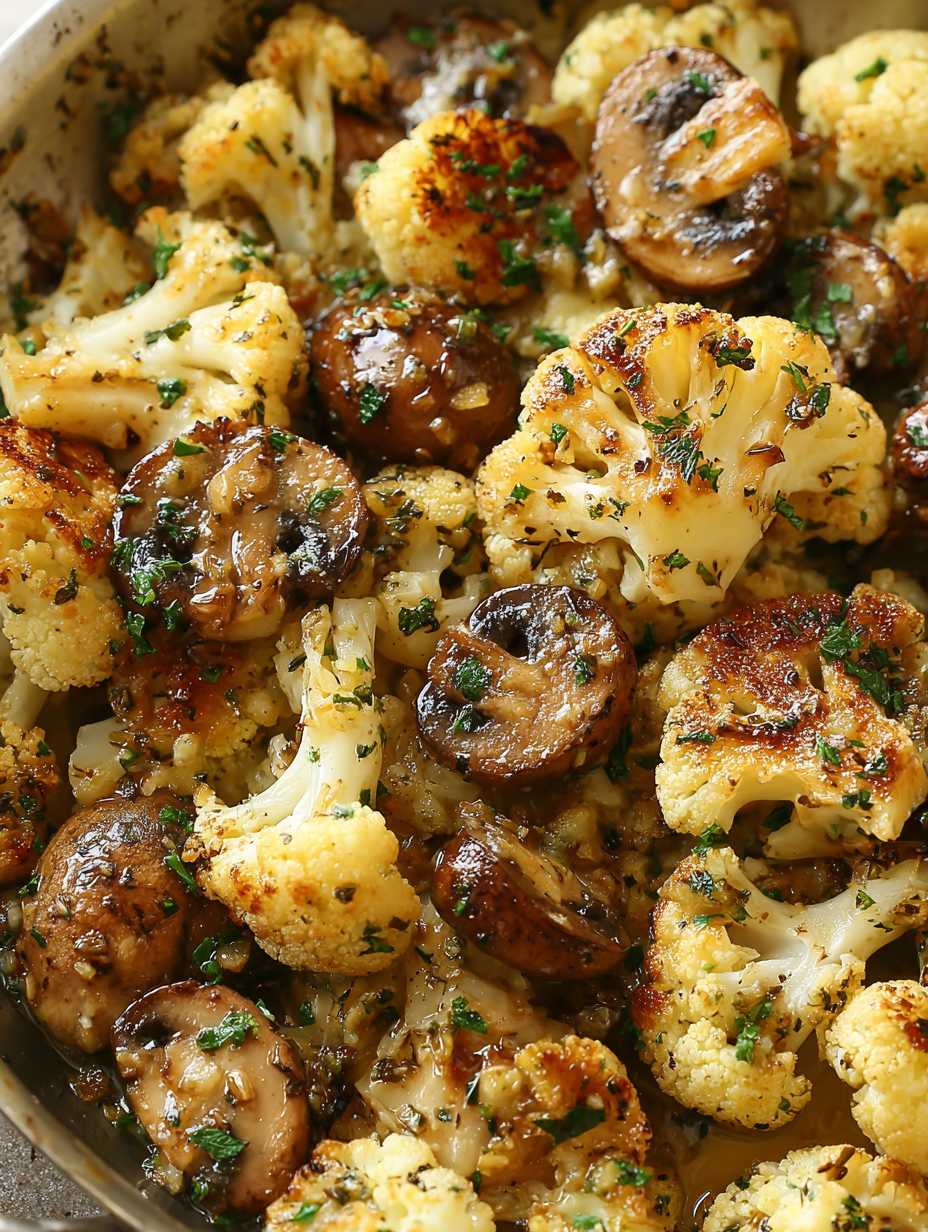 Garlic butter mushrooms and cauliflower sizzling in a skillet