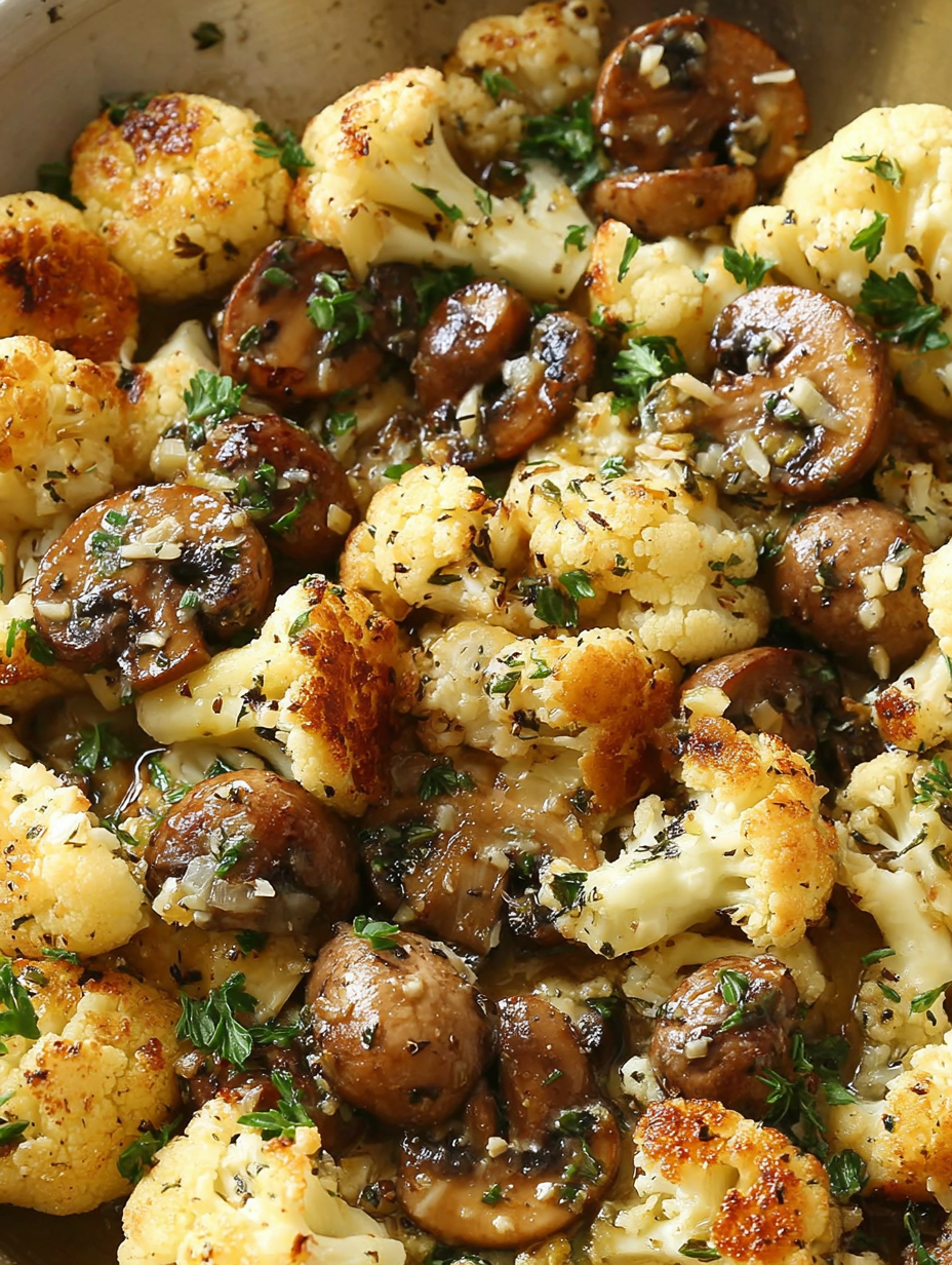 Close-up of sautéed mushrooms and cauliflower with parsley