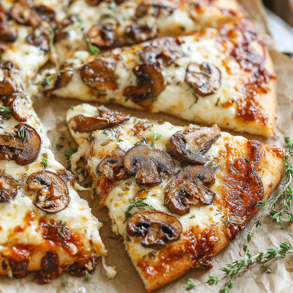 White Mushroom Pizza with melted cheeses and mushroom topping