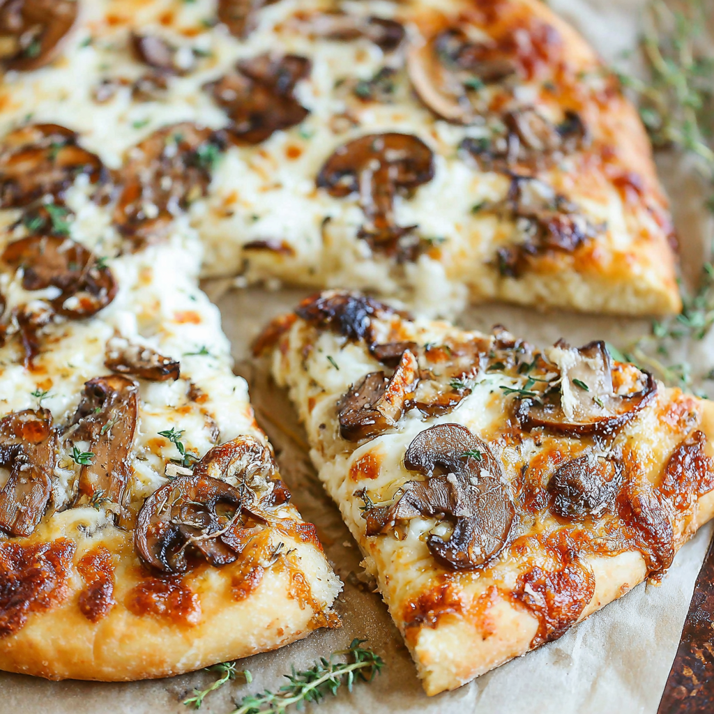 Close-up slice showing ricotta pockets and mushrooms