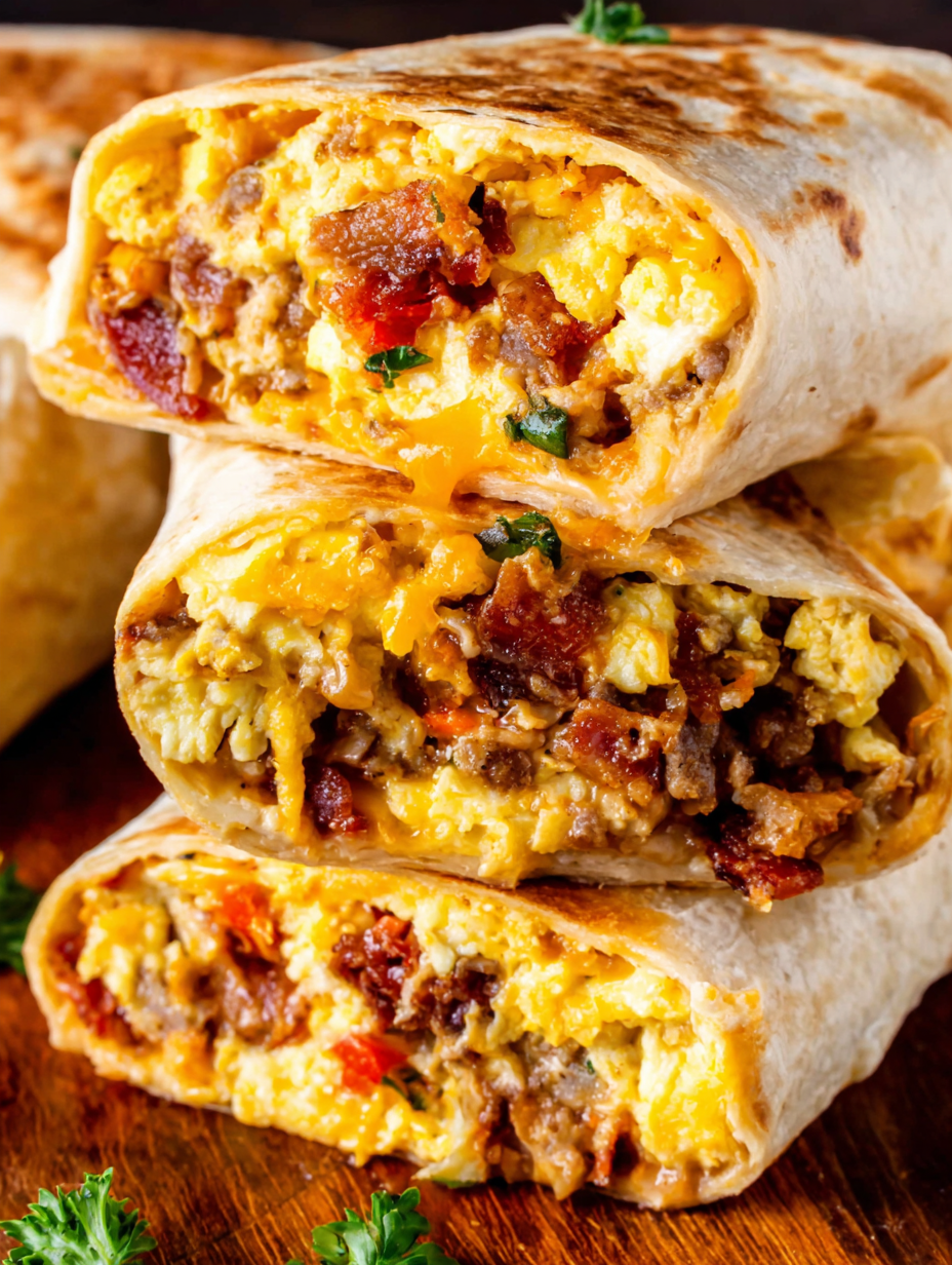 Assembled breakfast burritos on a table