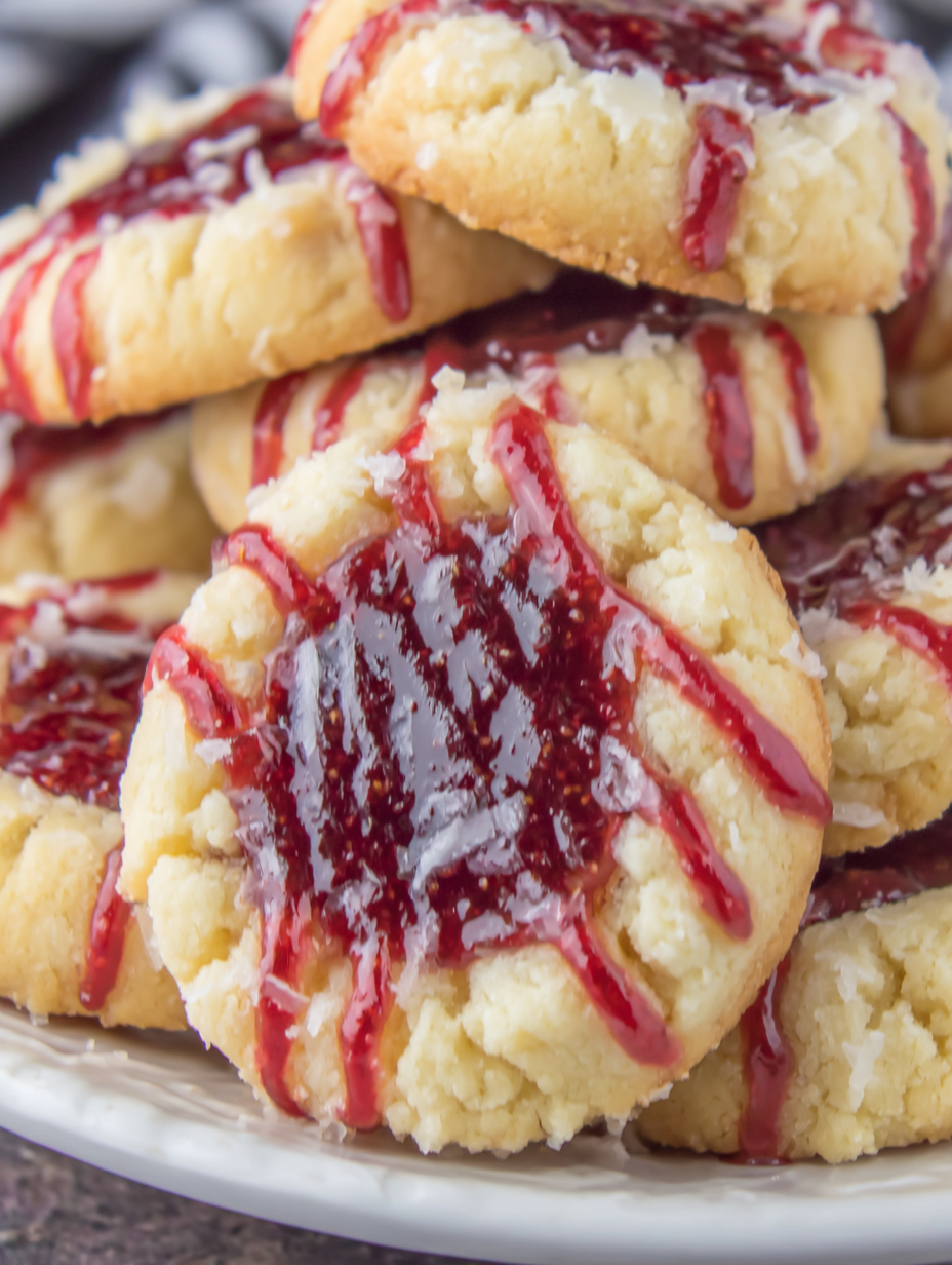 Raspberry almond thumbprint cookies on a baking sheet