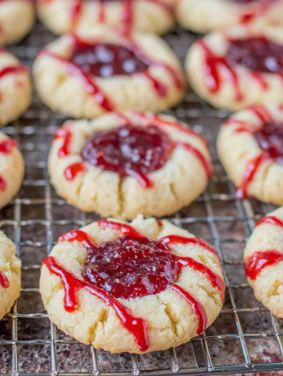 Close up of raspberry jam thumbprint cookie