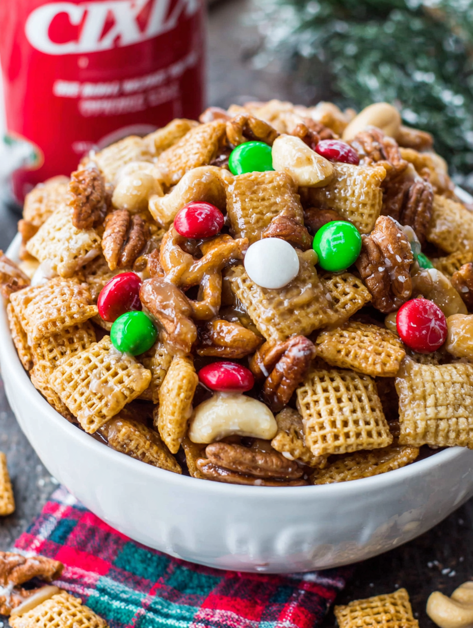 Sweet and Salty Chex Mix cooling on a tray