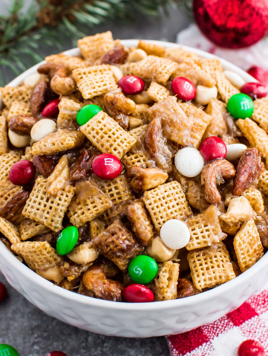Chex mix in gift jars with ribbon