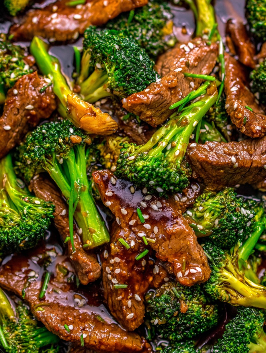 Sizzling beef and broccoli in a cast iron skillet