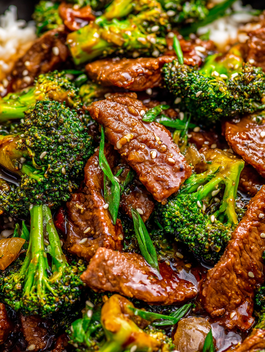 Plated beef and broccoli with sesame seeds and green onions