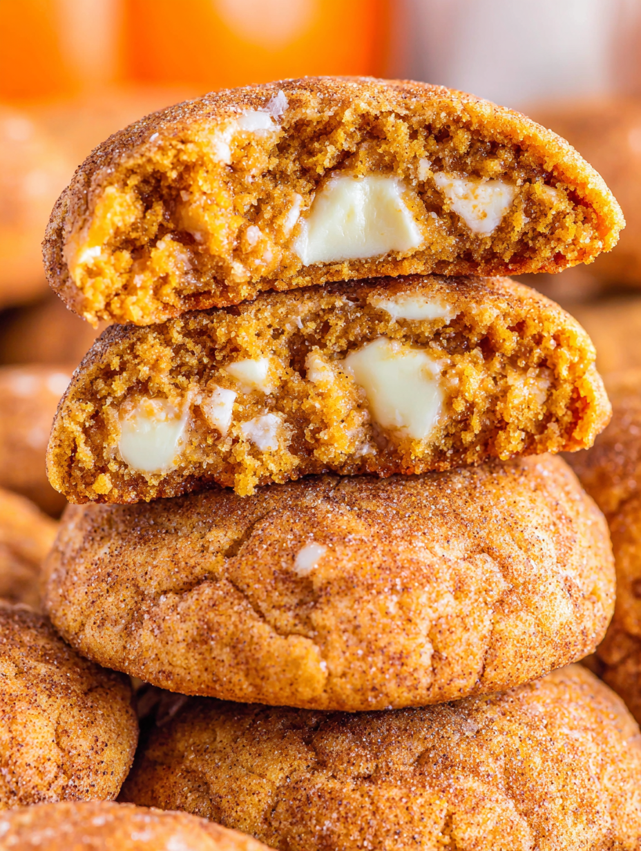 Assembled pumpkin cheesecake snickerdoodle cookies on baking sheet