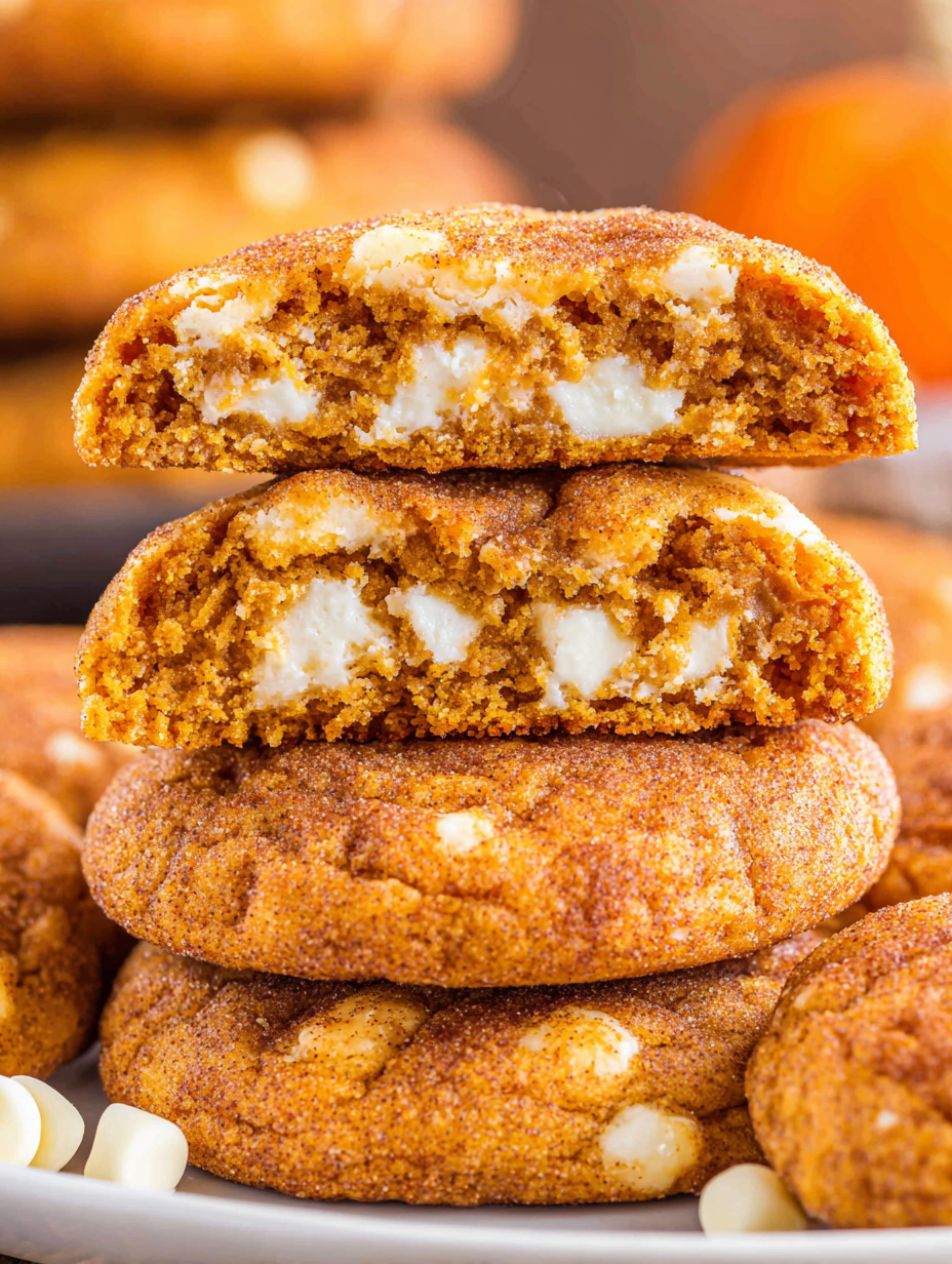 Close-up of cross-section showing cheesecake center in pumpkin cookie