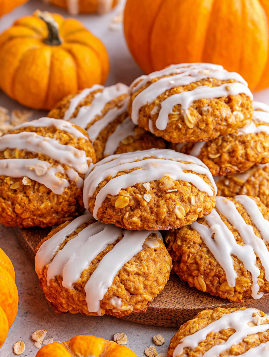 Two pumpkin oatmeal cookies on a cooling rack with icing glistening