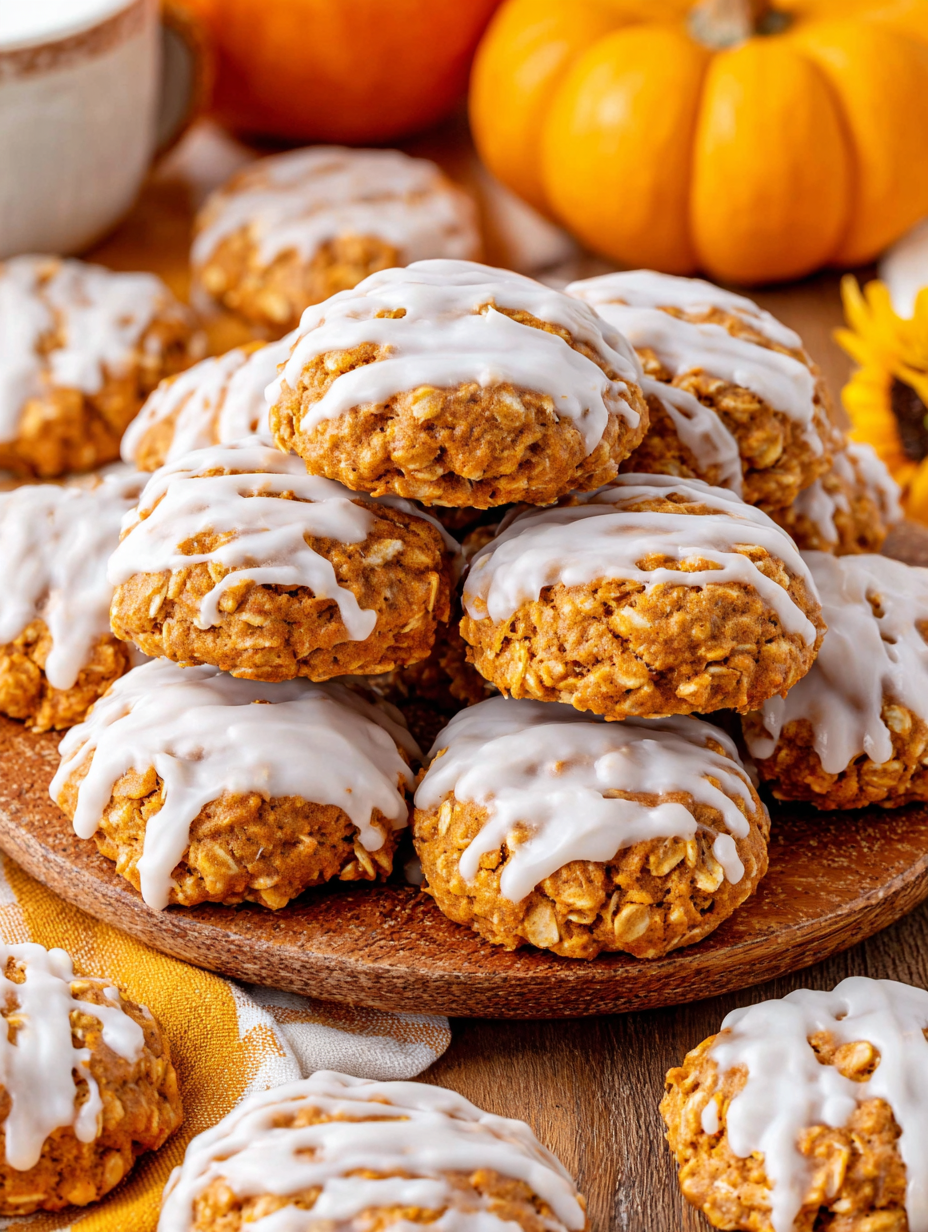 Close-up of a single iced pumpkin oatmeal cookie on a wooden board